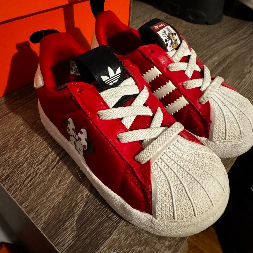 Adidas Kids Red and White Sneakers with Cartoon Design